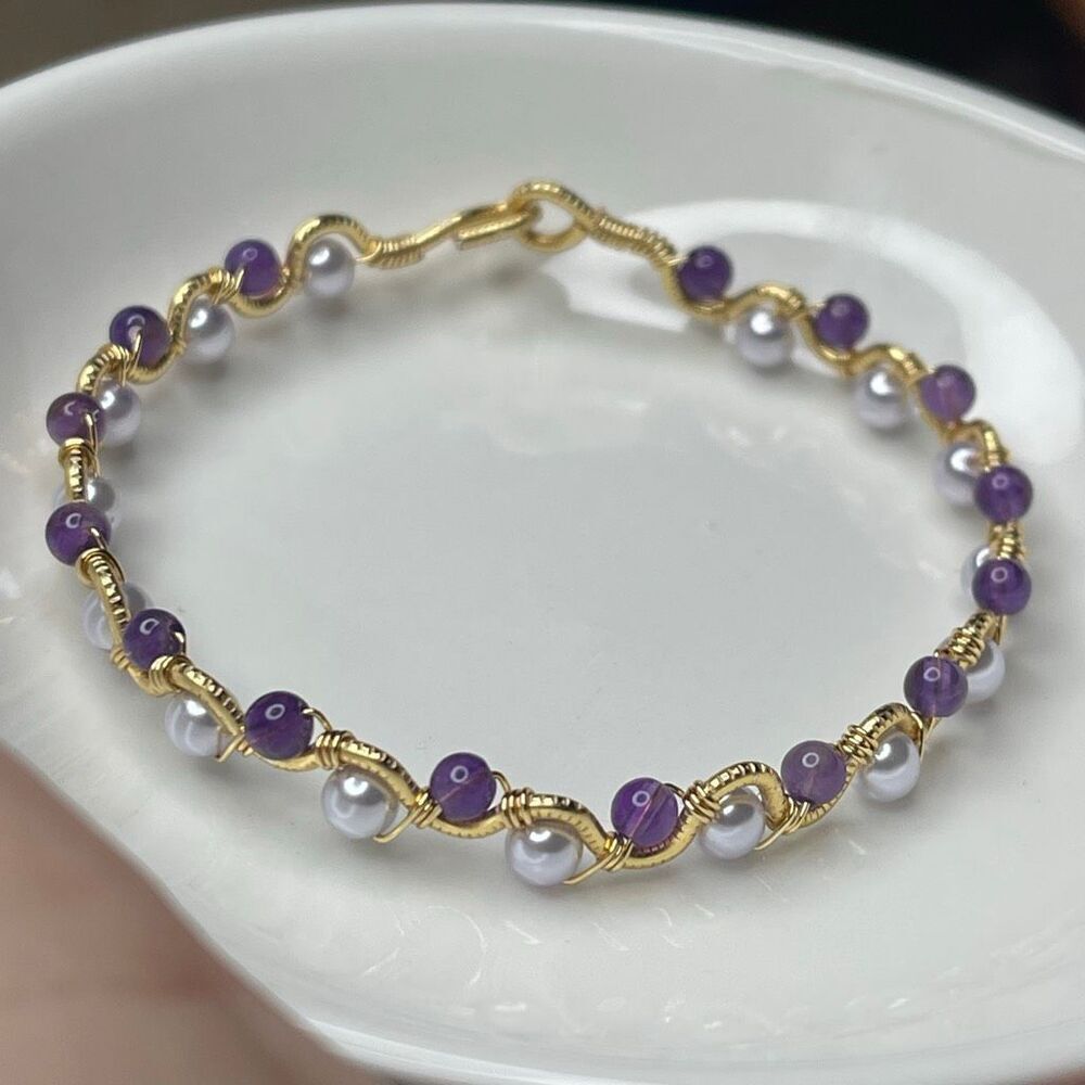 Rebekah bangle bracelet 7” gold copper core lavender purple shell beads pearls a